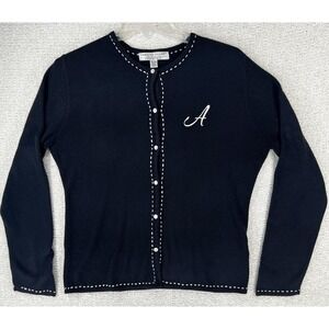 Vintage Carolyn‎ Taylor Sweater Women XL Monogram A Pick Stitch Cardigan Black